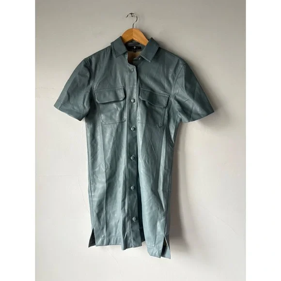 7 For All Mankind Faux Leather Short Sleeve Shirt Dress Blue XS - Picture 2 of 5